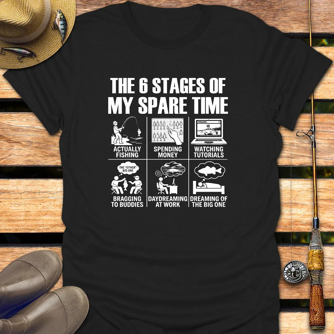 6 STAGES OF SPARE TIME T-Shirt FISHING T-Shirt Black / S