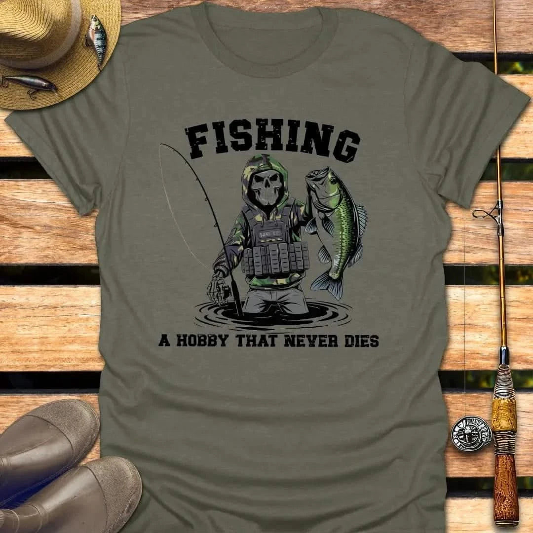 FISHING HOBBY NEVER DIES T-Shirt FISHING T-Shirt Heather Military Green / S